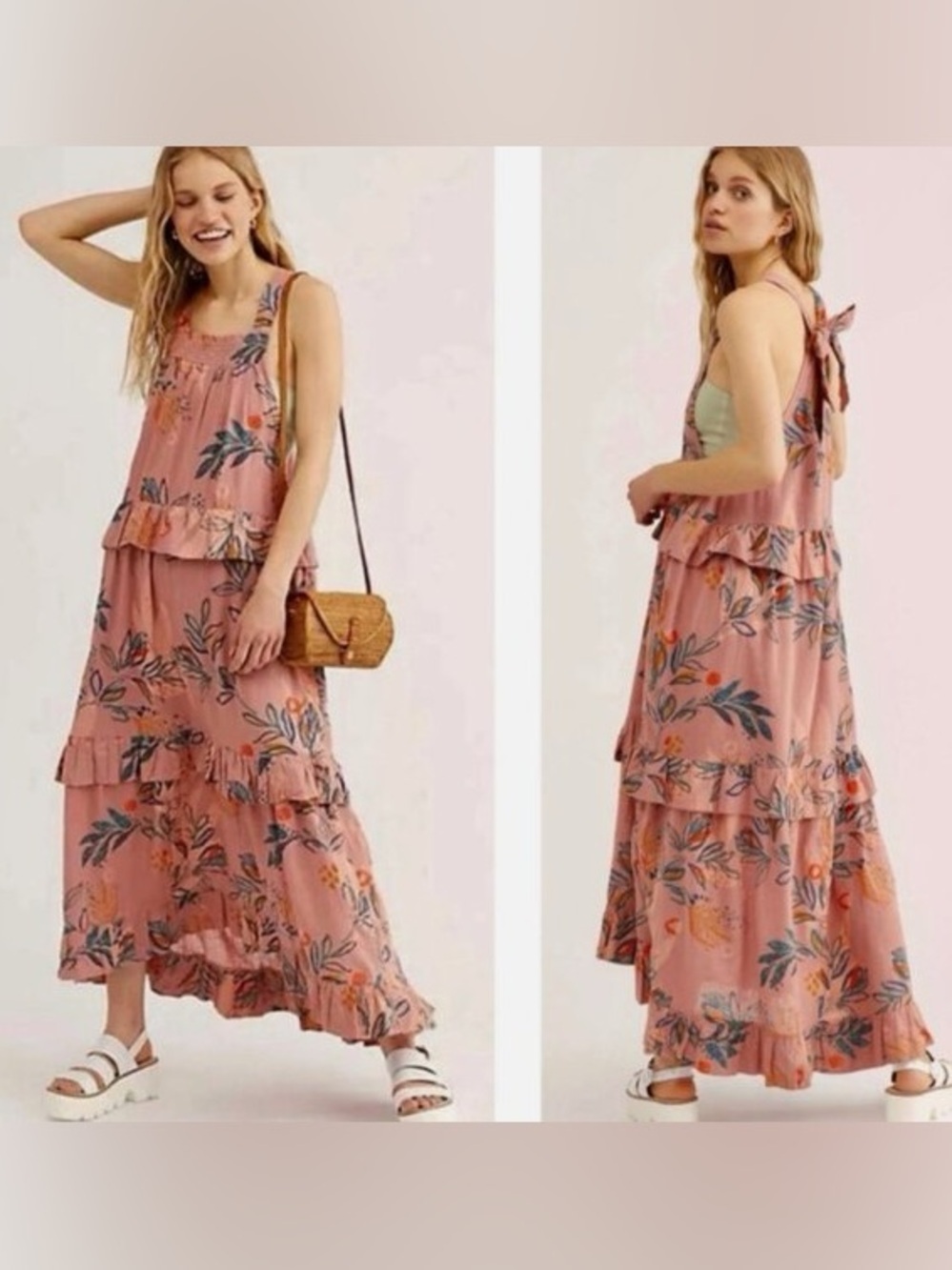 Free People Anita Tiered Ruffle Floral Print Maxi Dress in Desert Rose Size M - Picture 2 of 9